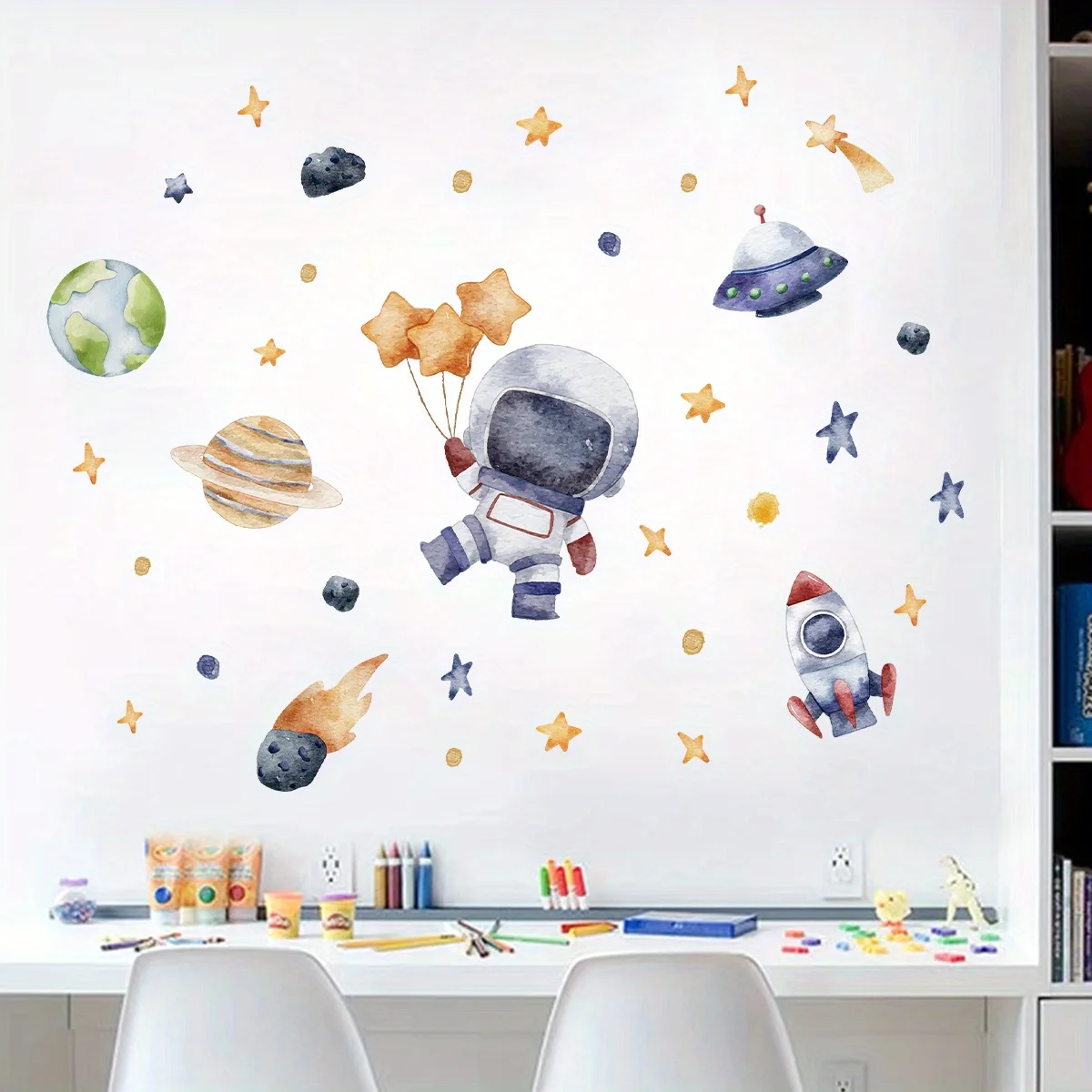 Cartoon Cute Astronaut Spaceship Rocket Planet Star Space Wall Stickers for Bedroom Living Room Nursery Decoration Wall Decal