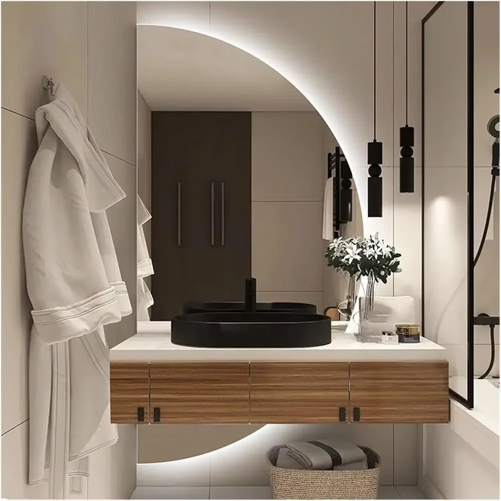 Semi-Circular Lighted Vanity Mirror, 3000K-6000K Dimmable, Anti-Fog, Backlit Decorative Mirror, Right Semicircle, 35x70cm