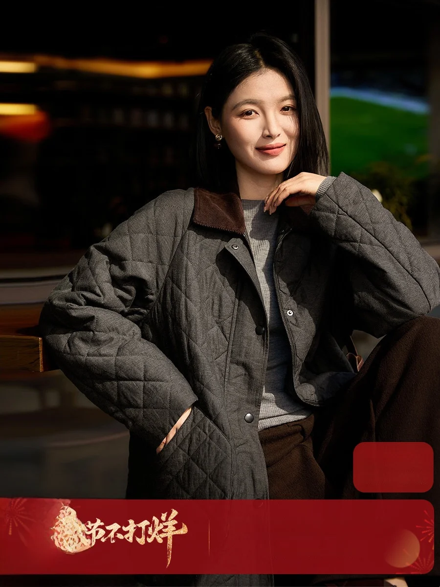 

Traveler's aphene Wool Fill Cotton Jaet Quilted Diamond Pattern Stand Collar Outerwear Faionable Ladies' Commute Sle