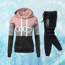 2023 New Womens Hoodies Sweatshirt +Sweatpants 2 Piece Set Winter Warm Splice High Quality Tracksuit Casual Jogging Pants Suit