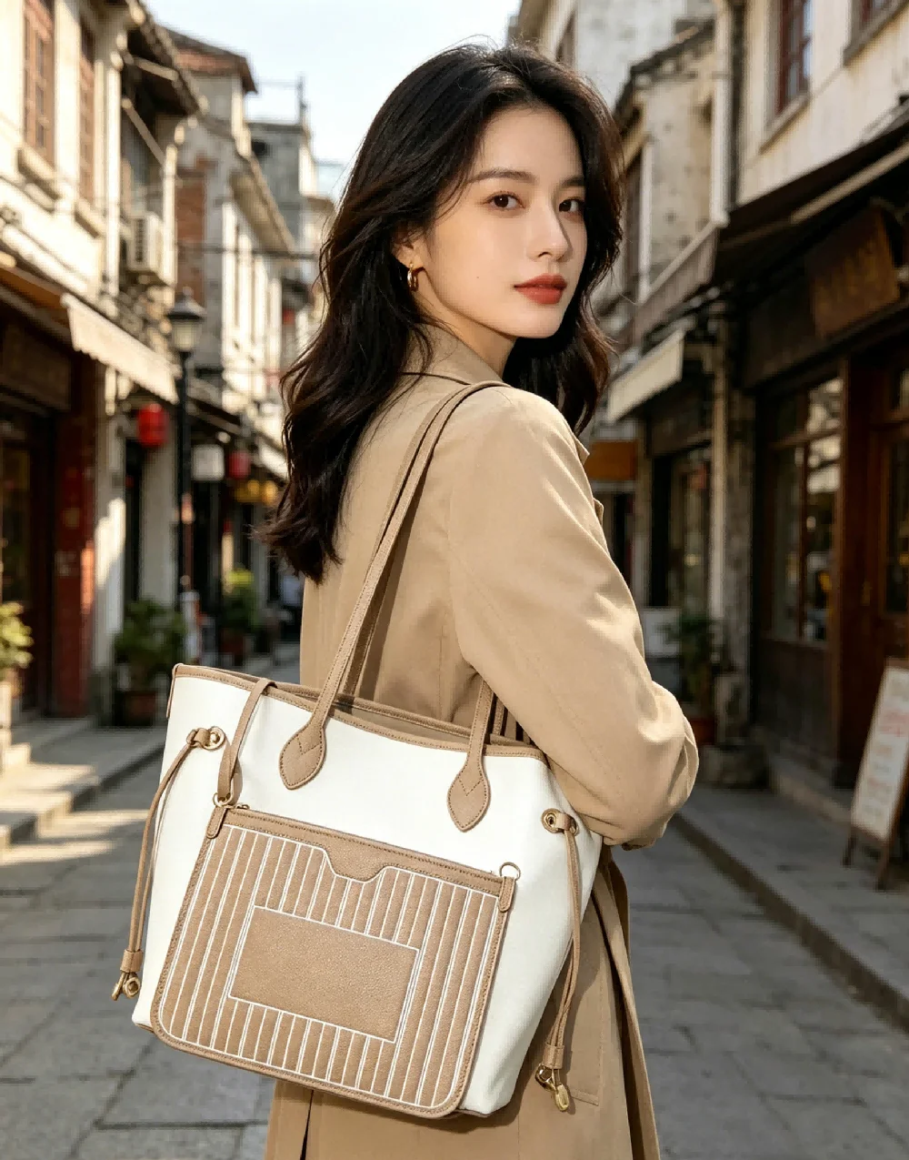 Minimalist Beige Woven and Leather Tote Bag for Women Casual Shoulder Purse for Work Commute and Everyday Use