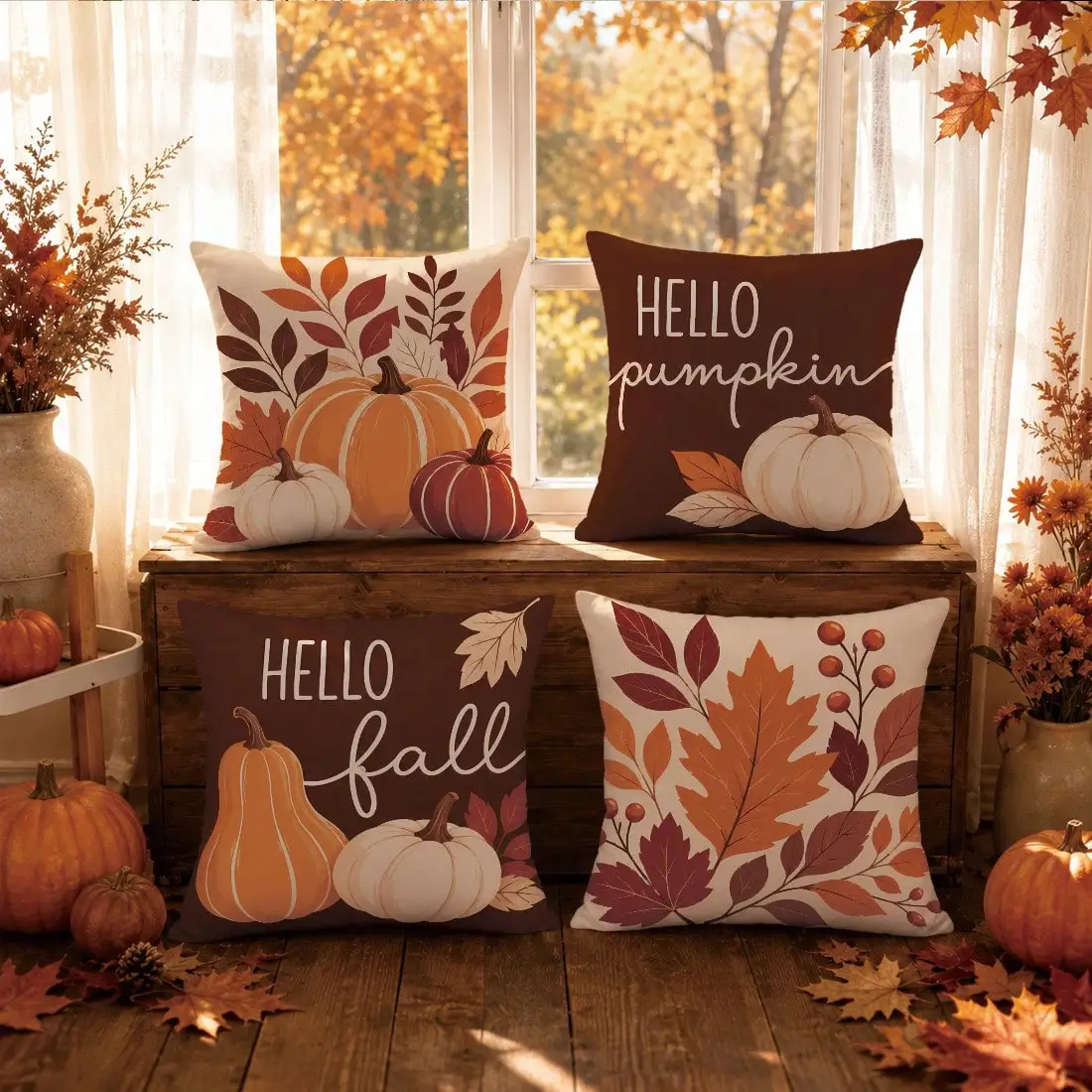 4pcs Autumn Vintage Dark Brown Three-Color Pumpkin Maple Leaf Berry Print Pattern Pillow Covers [Pillow Insert Not Included], 40*40cm/45*45cm/50*50cm, [Single-Sided Printing] Made Of Polyester Material Hello Pumpkin Hello Fall Warm Home