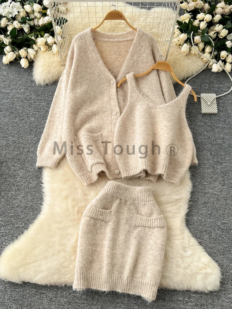 Autumn Fashion Sweet Knitted 3 Piece Set Women Sling Vest+Long Sleeves Cardigan+Sweater Female Skirt Solid Casual Chic Suits New