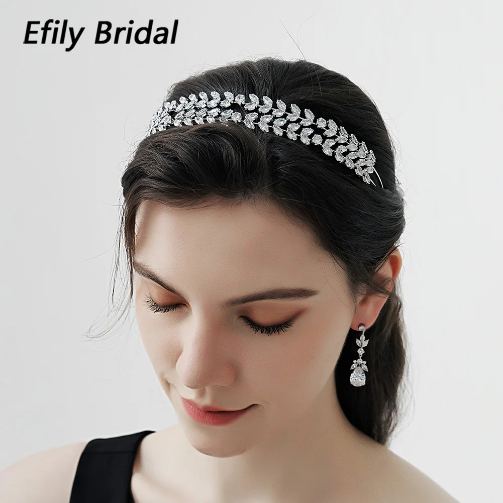 Efily Fashion Cubic Zirconia Headbands for Women Hair Accessories Silver Color Crown Wedding Bridal Hair Jewelry Headpiece Gift