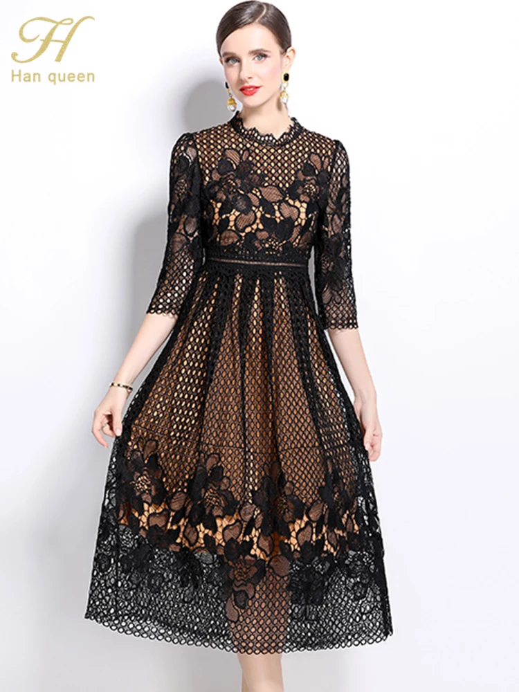 H Han Queen 2024 Autumn Casual Office Vestidos Simple Elegant Fashion Hollow Crochet Lace Dress Women A-Line Midi Party Dresses