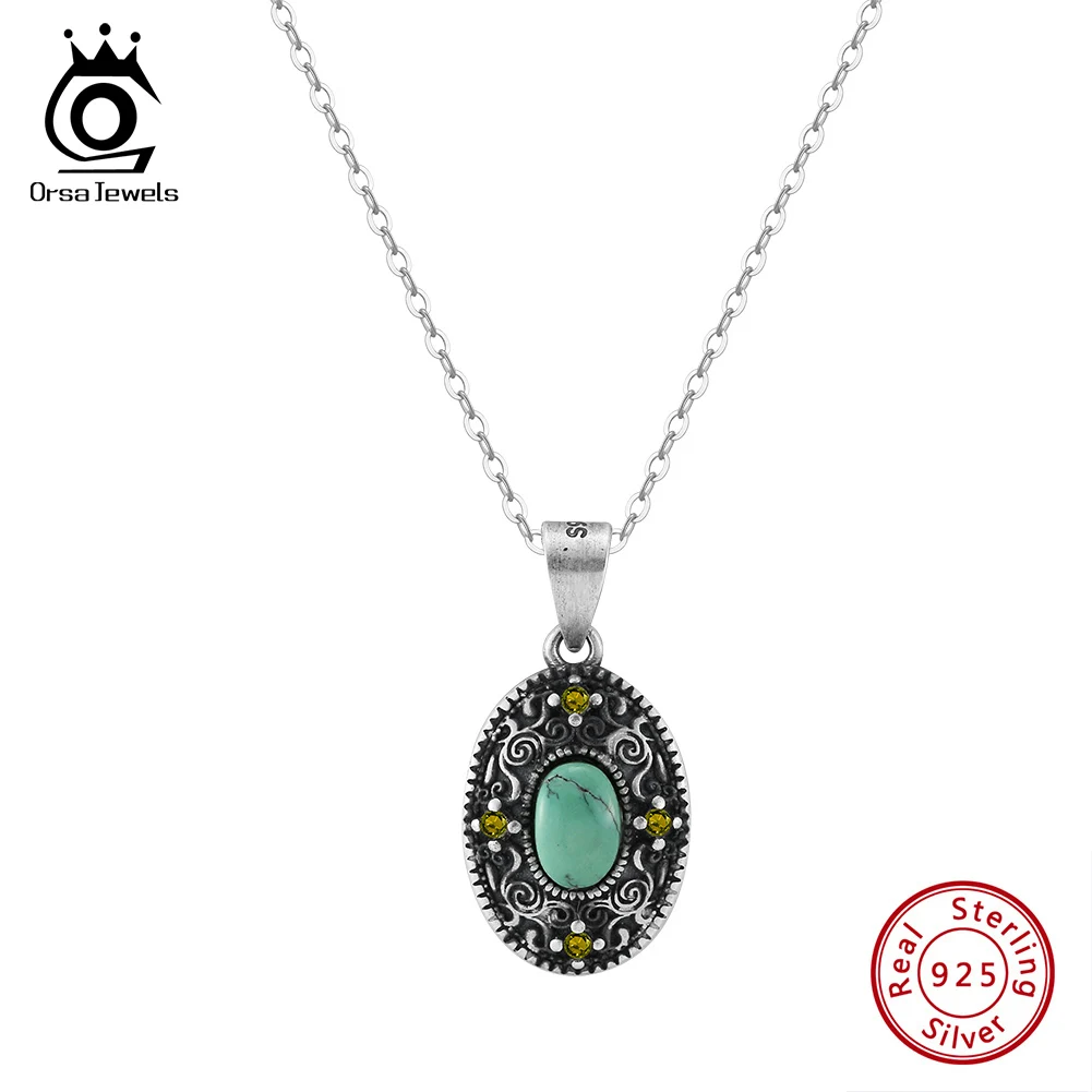 

ORSA JEWELS Unique 925 Sterling Silver Turquoise Pendant Necklace for Women Oxide Silver Choker Necklace Religious Jewelry GMN45