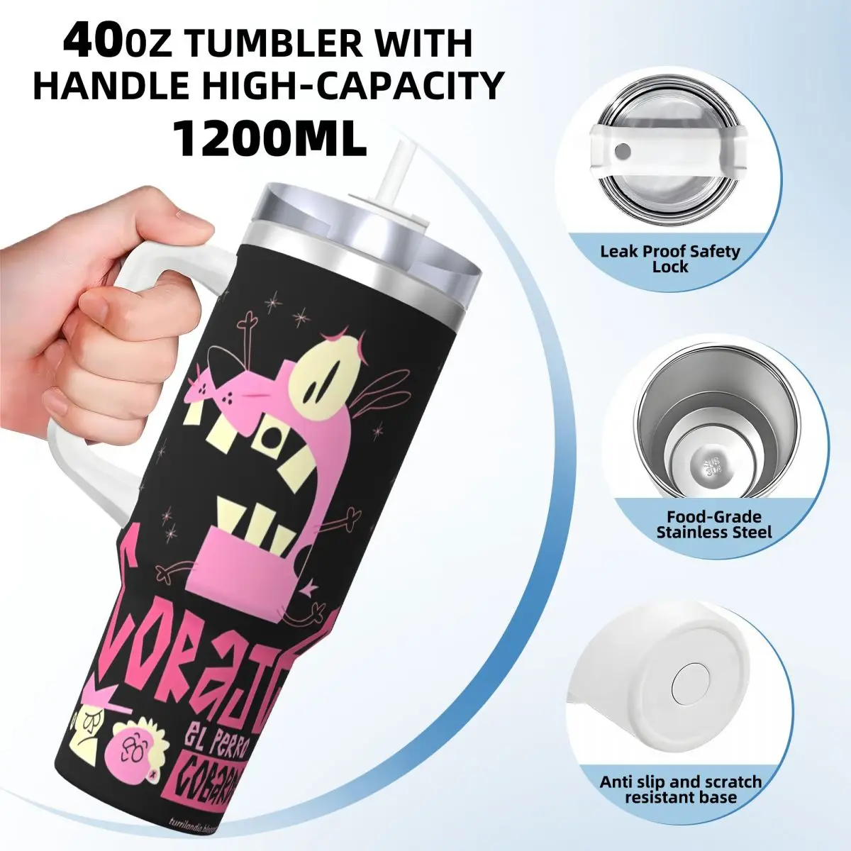 الشجاعة الجبان الكلب الفولاذ المقاوم للصدأ بهلوان المسلسلات التلفزيونية أكواب حرارية للسفر مع القش وغطاء زجاجة ذات سعة كبيرة #3