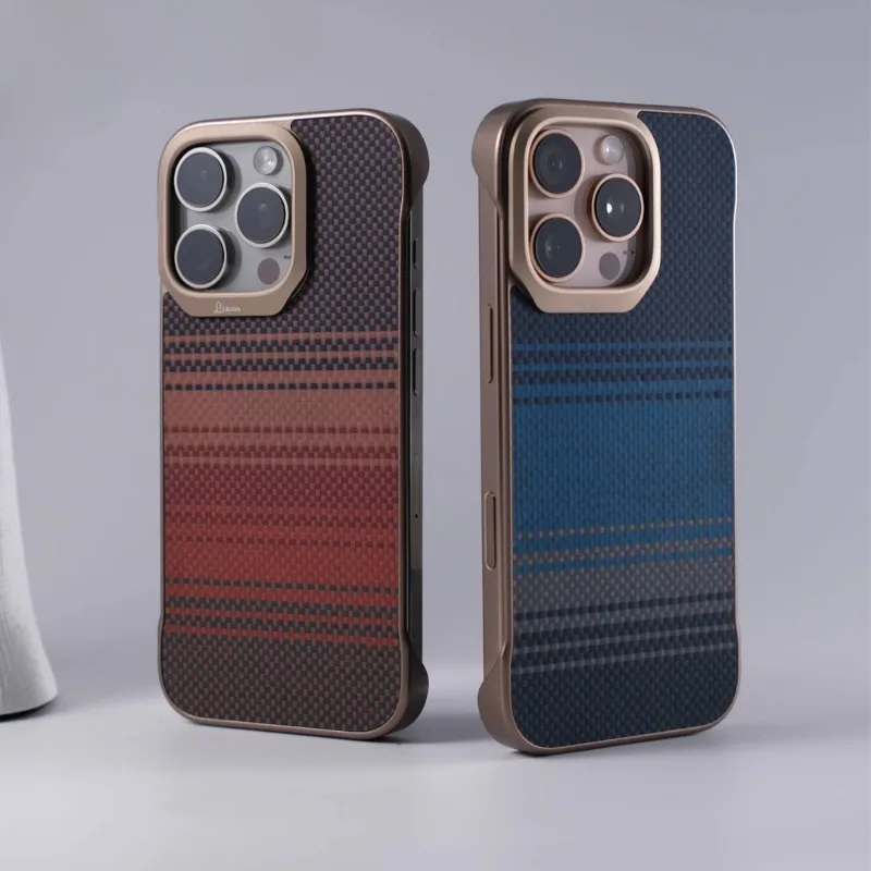 

HOCE безрамный кевларовый узор из углеродного волокна, магнитный чехол для Magsafe для iPhone 17, 16, 15, 14 Pro Max, тонкий твердый чехол из сплава с линзами