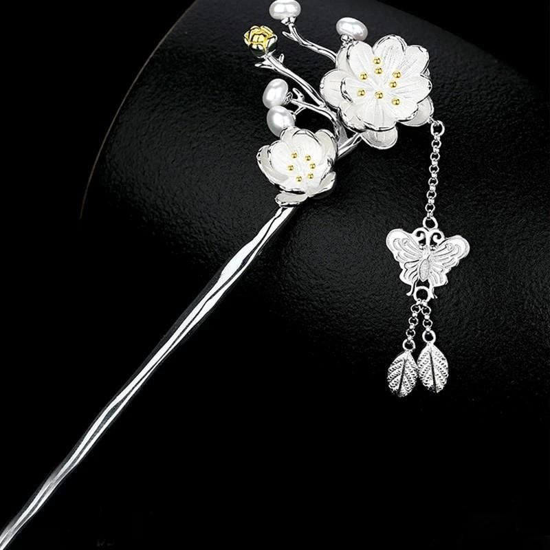 925 Silver Vintage Hair Jewelry National Style Classical Elegant Peach Blossom Hairpin Butterfly Tassel Flower Hanfu Accessories