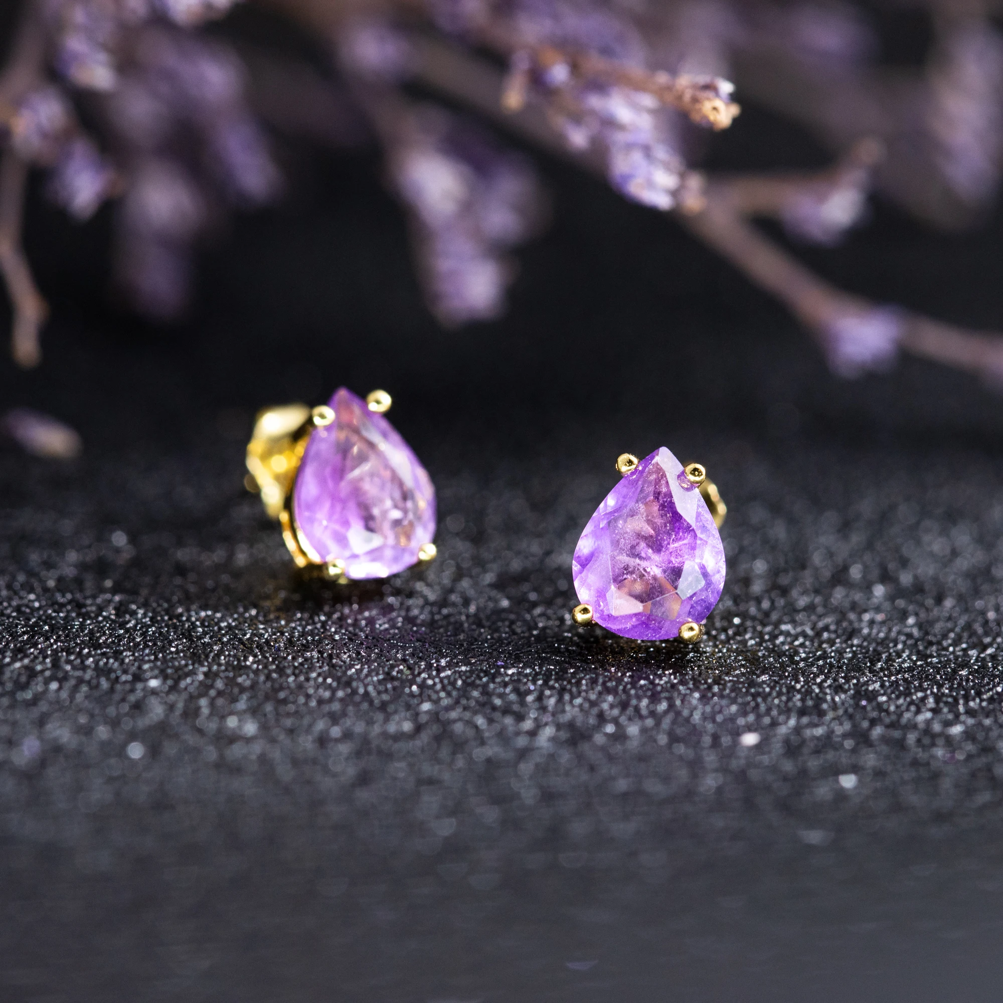 Minimalist Pear‑Shaped Amethyst Stud Earrings for Women, 925 Sterling Silver Base Gold Plated Natural Gemstone, Fine Wedding Jewelry, Ideal Birthday Party Anniversary Holiday Gift Accessories - view 5