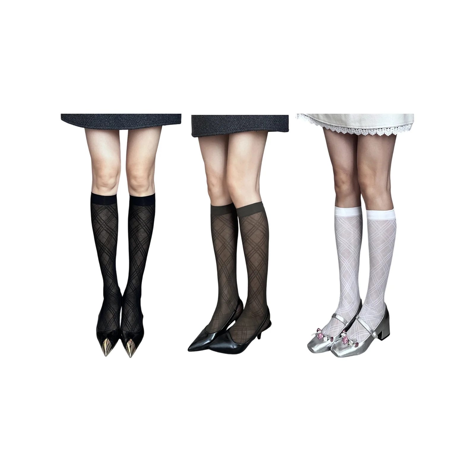 

Набор из трех цветных носков в стиле Лолита с ромбовидным узором (черный/серый/белый)