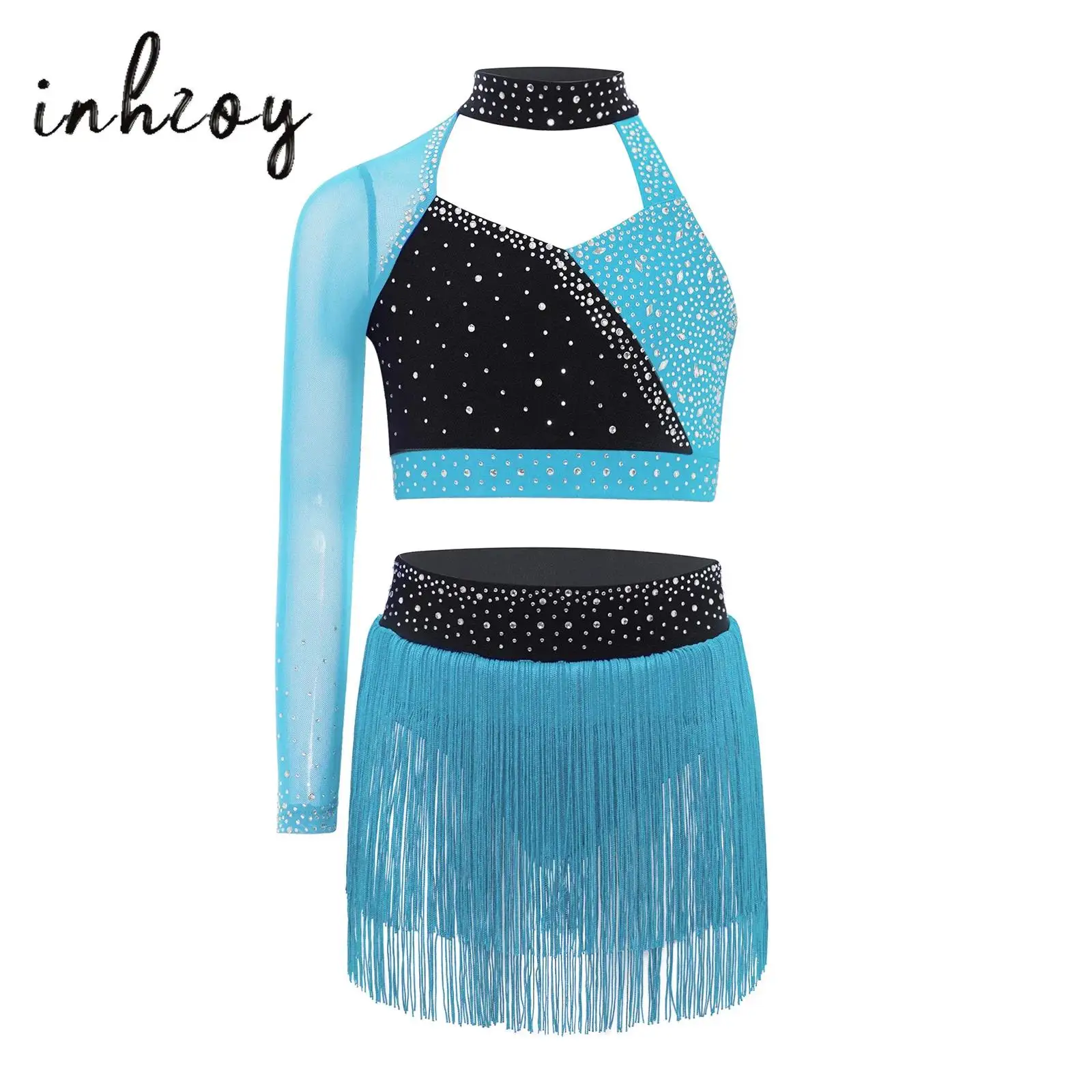 

Kids Girls Jazz Latin Dance Outfit Asymmetrical One Shoulder Sheer Mesh Long Sleeve Color Block Crop Top+Tassel Briefs Skirt Set