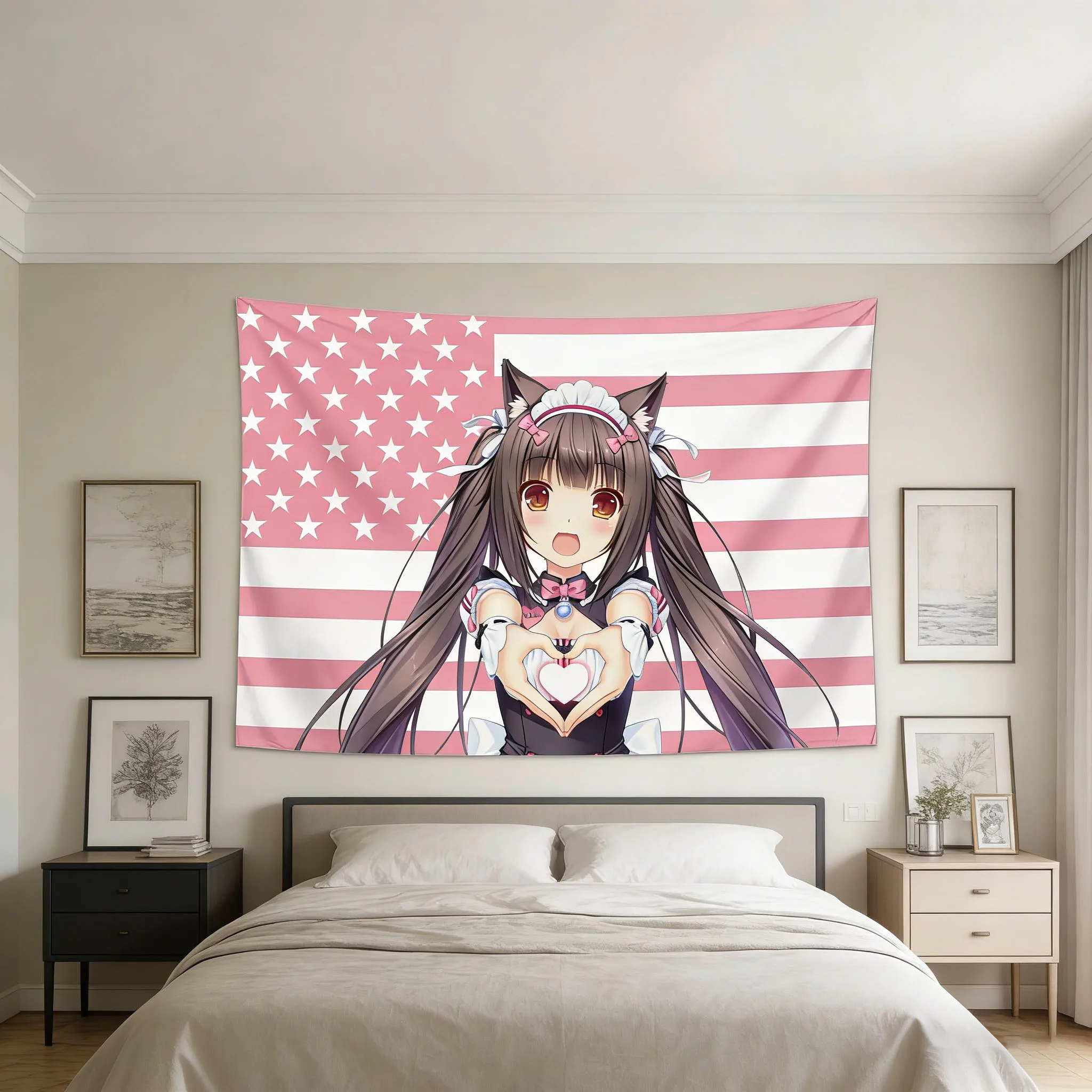 N-NEKOPARA Niedlicher Mädchen-Wandteppich, Heimdekoration, Hintergrundstoff, Wandteppich-Design mit amerikanischer Flagge, Geschenk für Fans und Studenten. – Detail 2