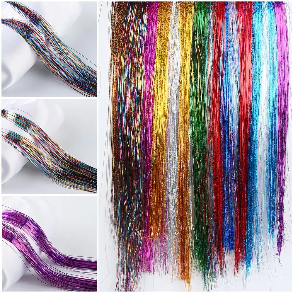 100 Strands Hot Sale Synthetic Hair Sparkly Hair Tinsel Hair Extension Bling Silk Glitter Rainbow  Color