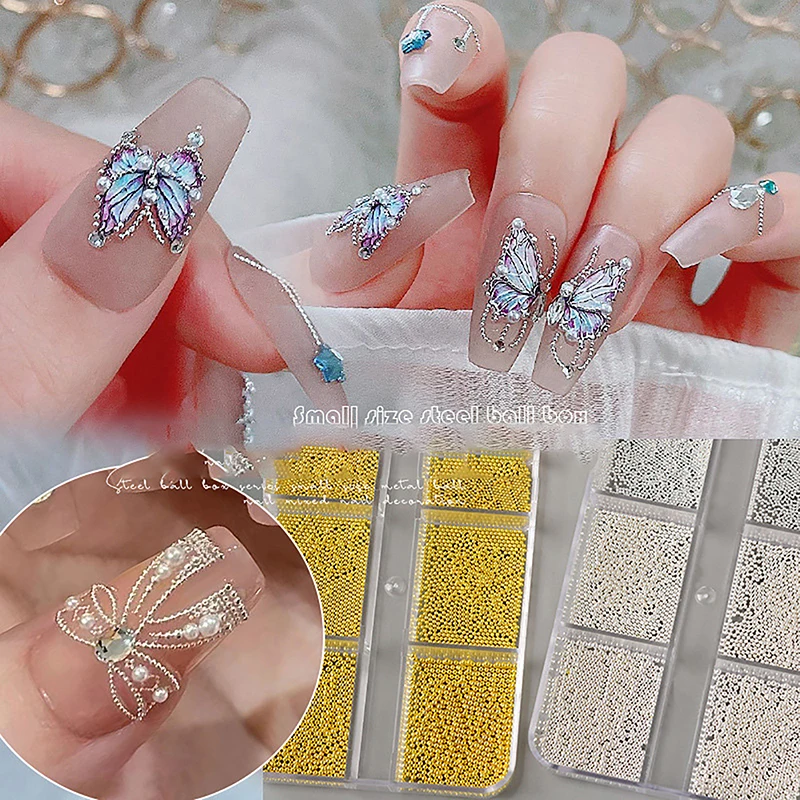 Mini Nail Art Beads, 6 Grids Box, Aço Inoxidável, Ouro e Prata, Ouro Rosa, Metal, Caviar, Decoração 3D, Profissional