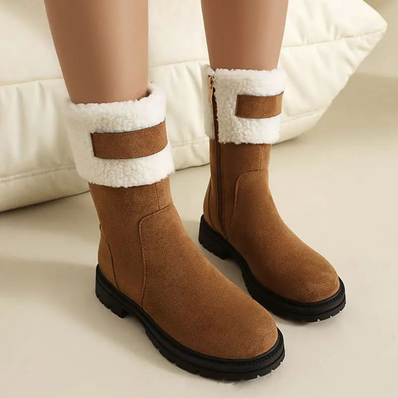 REAVE CAT Leisure Women Mid Calf Boots Round Toe Flats Flock Suede Zipper Mixed Color Plus Size 46 47 48 Warm Winter Snow Bota