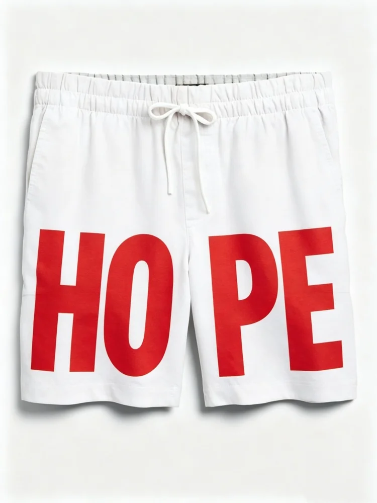 Shorts de plage décontractés pour hommes, coupe droite, blancs, avec imprimé lettres HOPE rouges, cordon élastique et poches latérales