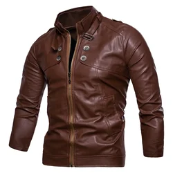 Autumn New Men's Casual Fashion Standing Neck Slim Fit PU Leather Jacket Solid Leather Jacket Men's Windproof Motorcycle