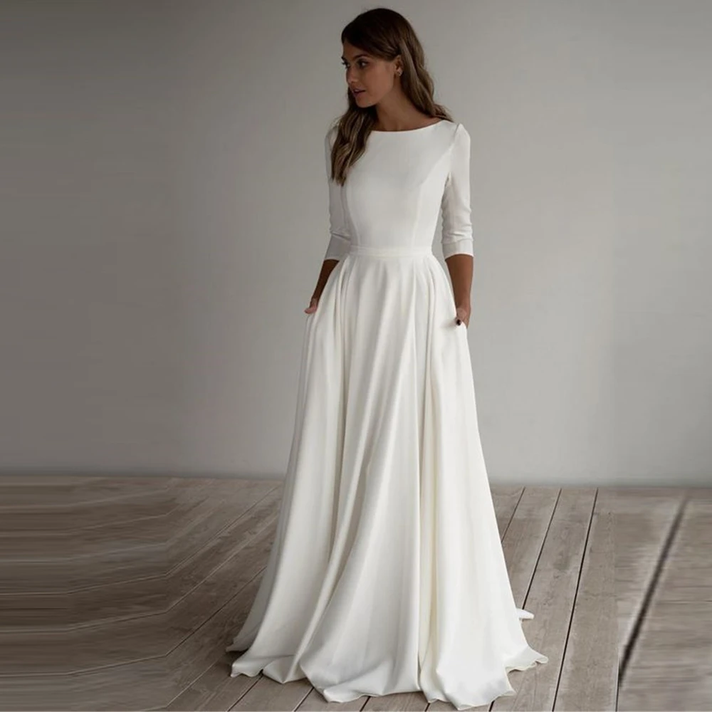 Simple Wedding Dress Long Sleeves A-Line Boat Neck Elegant Bridal Dresses With Pockets Plus Size Wedding Party Gown Custom Made