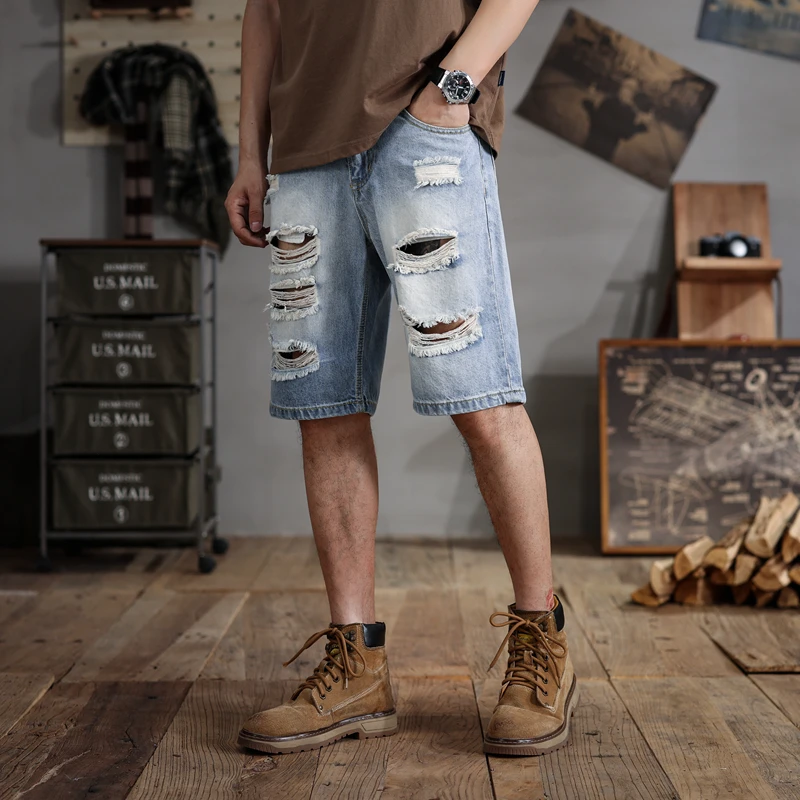 28-48size summer loose large size denim shorts men\'s ripped fashion trendy middle pants American motorcycle plus-sized shorts