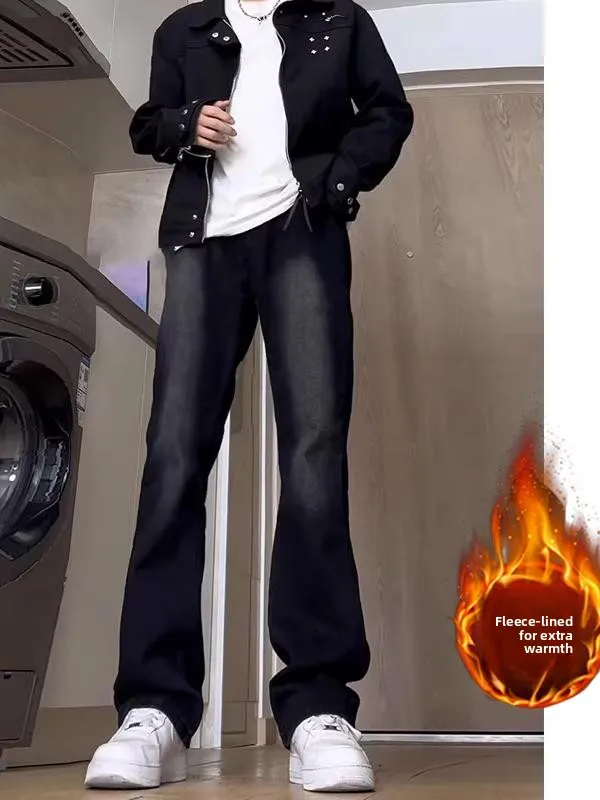 

Джинсы Cleanfit с эластичным поясом, на флисовой подкладке, прямого кроя, слегка расклешенные, в американском стиле, широкие, длинные брюки для подростков, повседневная одежда
