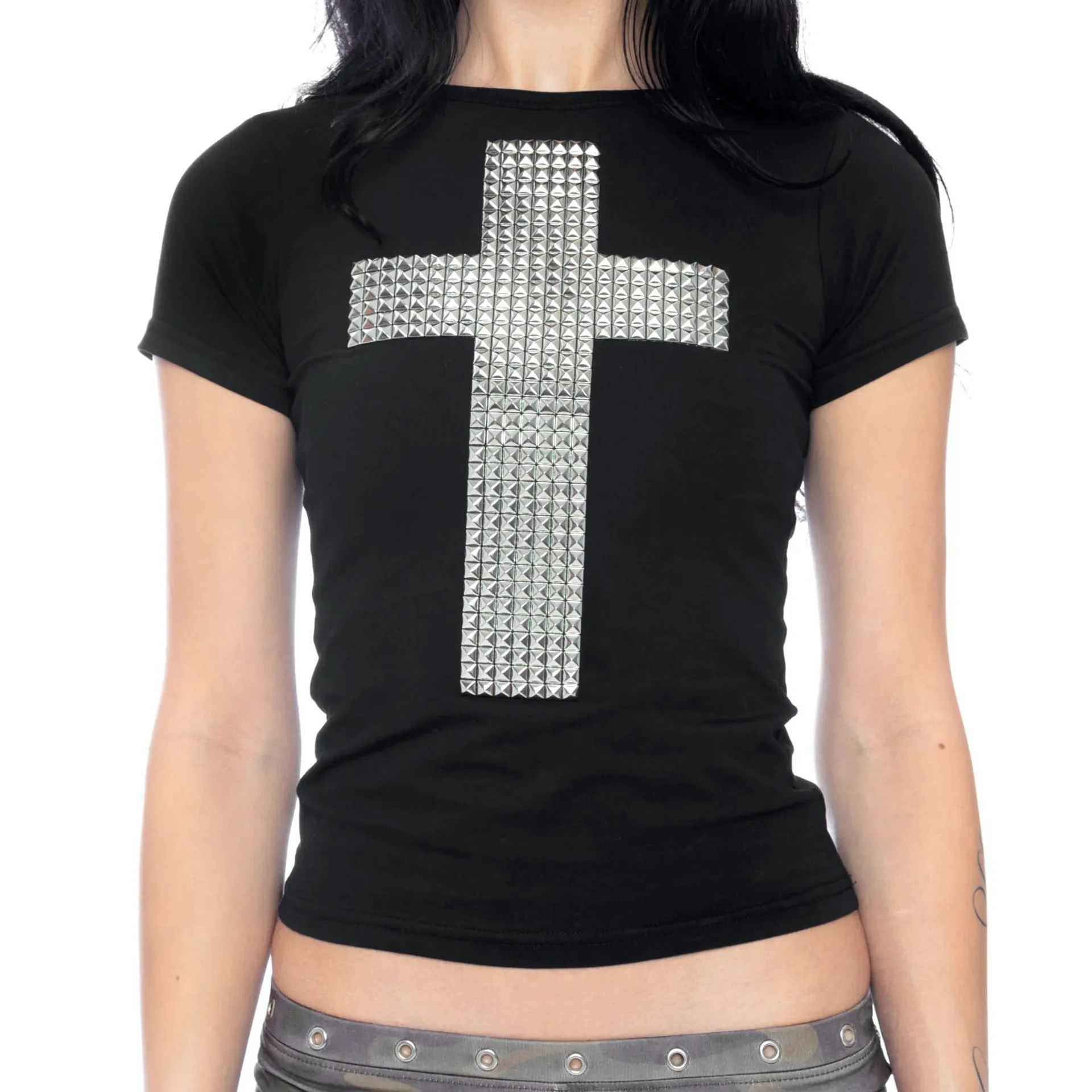European and American summer new product Gothic style cross hot stamping print round neck T-shirt slim fit short top