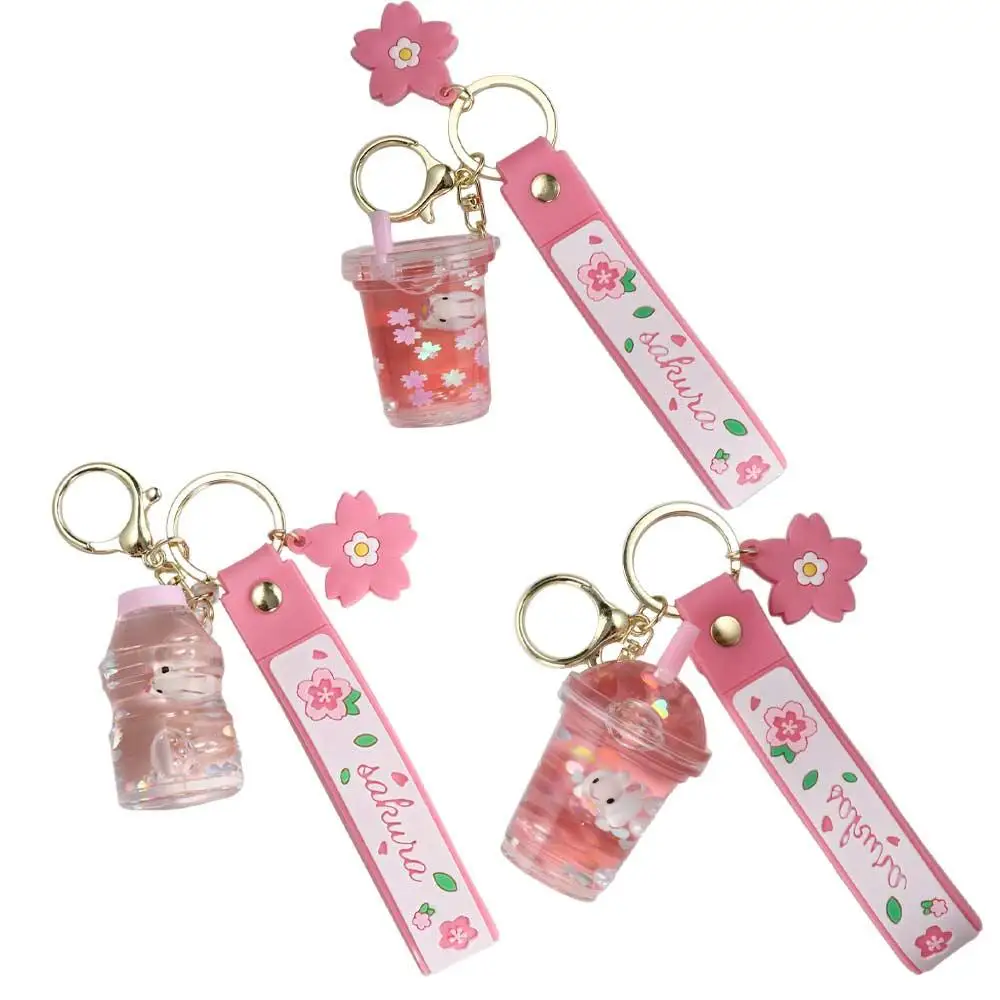 Cute Cherry Blossom Quicksand Drink Bottle Moving Liquid Liquid Keychain Boba Keychain Key Ring Rabbit Milk Tea Cup Keyring - view 6
