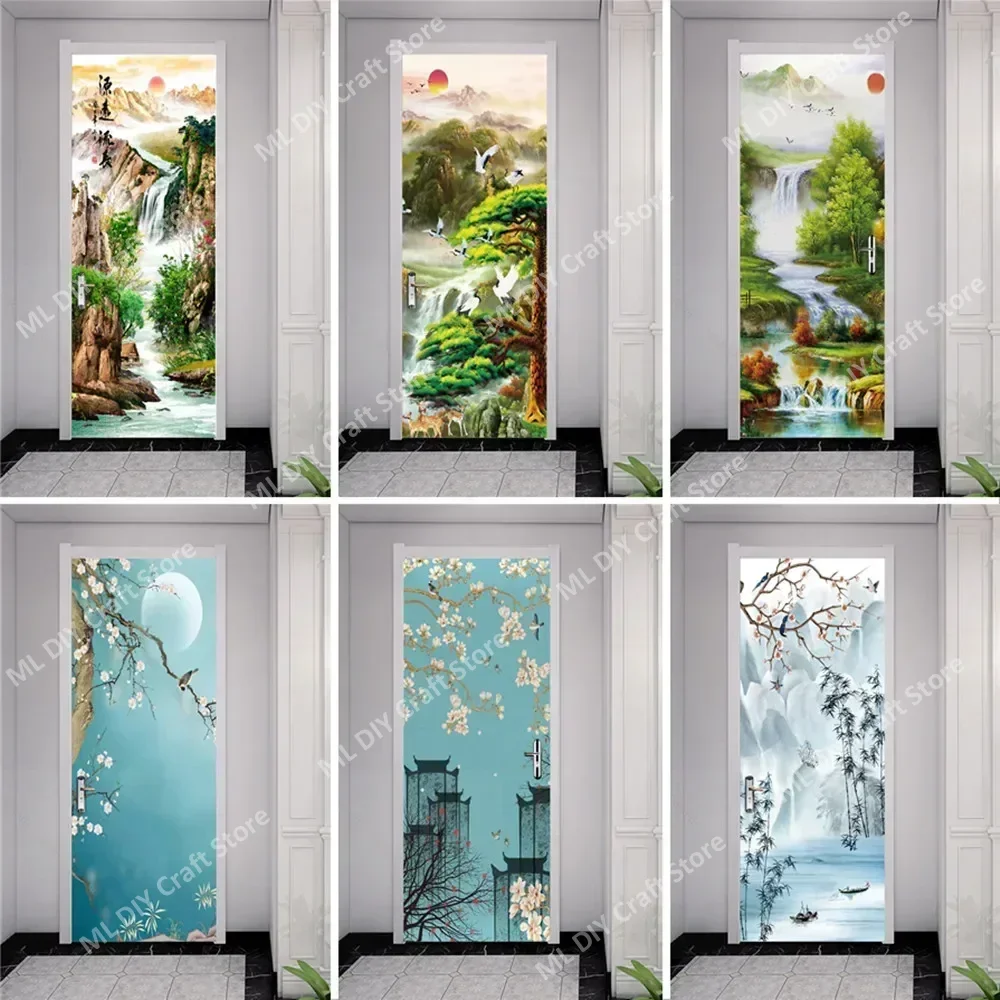 

Chinese Landscape Painting Door Stickers Wallpaper Ink Art Doors Murals Removable Mountain Stream Mural Decor Door Sticker