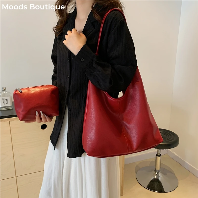 MOODS Women Tote Bag Set Red Soft PU Leather 2-IN-1 Large Capacity Shopper Shoulder Bags 2024 Designer Handbag Luxury Female Sac