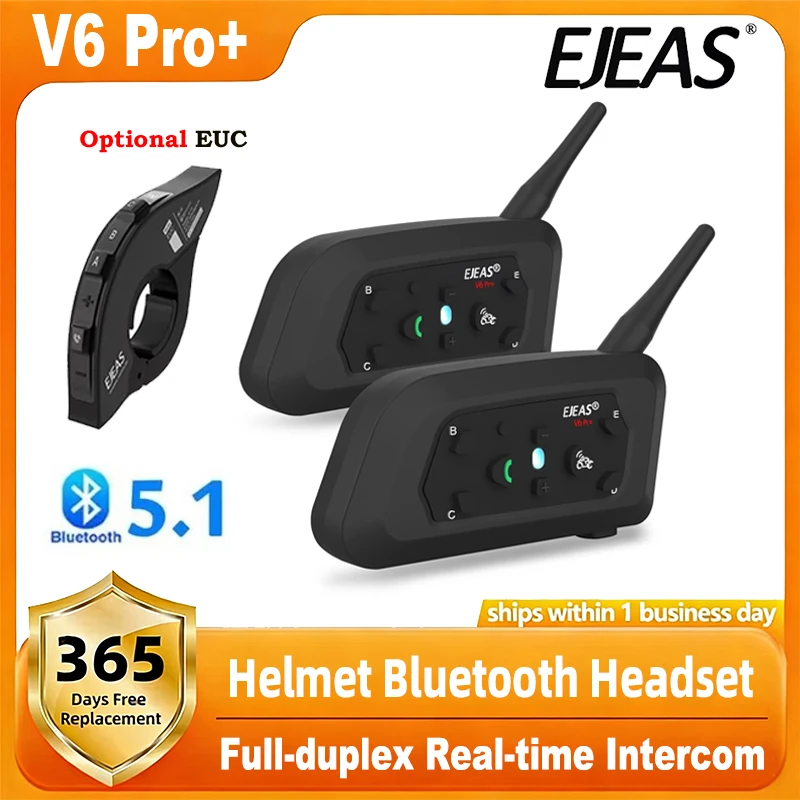 

EJEAS V6 PRO+ Мотоциклетная Bluetooth-гарнитура для шлема, водонепроницаемая IP67, интерком для 2 райдеров, дальность связи 800 метров, CVC, дистанционное управление