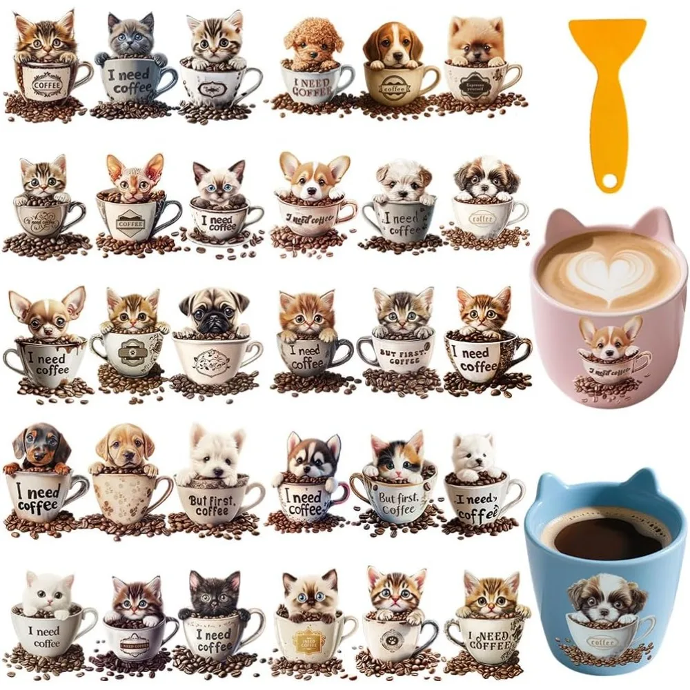 30 Stück Kaffee-Hunde UV DTF Becherummantelung für 16 OZ Glasbecher, Kätzchen UV DTF Abziehbilder, Wasserfeste Transferaufkleber