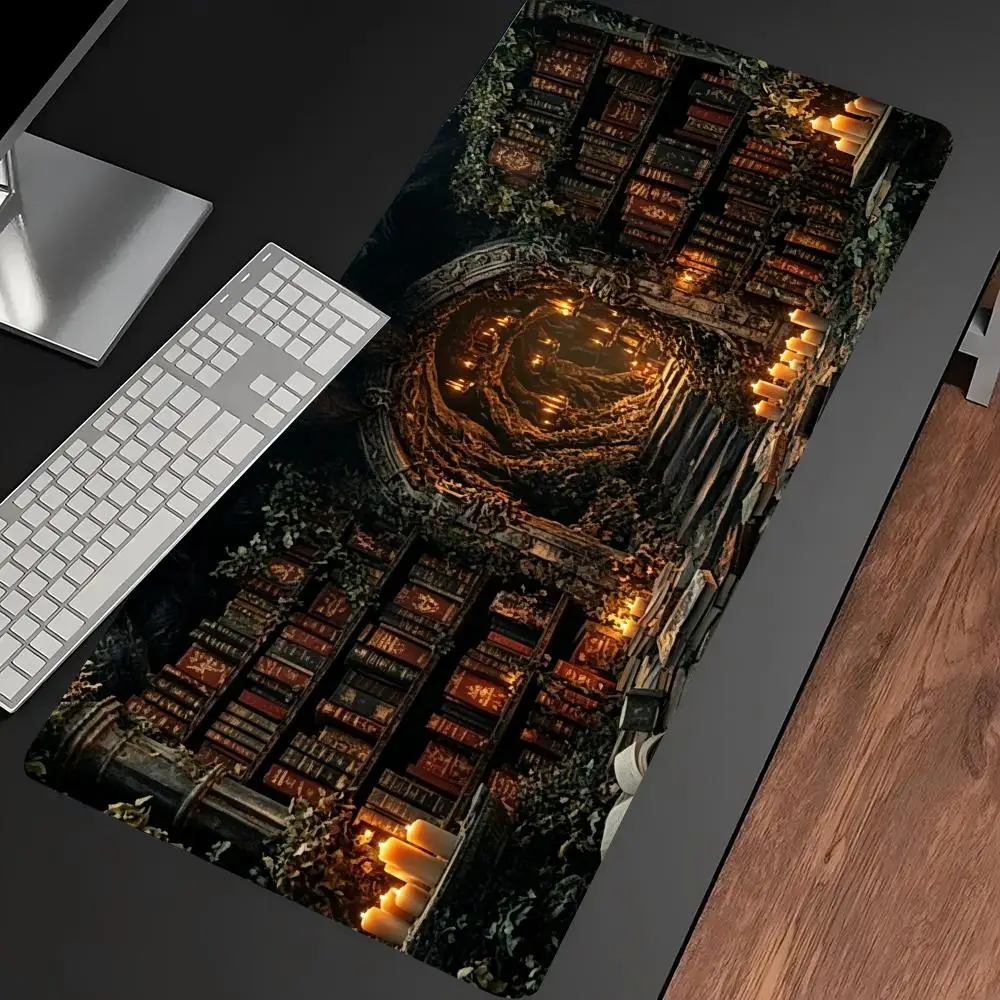 Fantasy Ancient Library Gaming Mouse Pad Gothic Book Candle Desk Mat Non Slip Rubber Stitched Edge Keyboard Mat Office Decor
