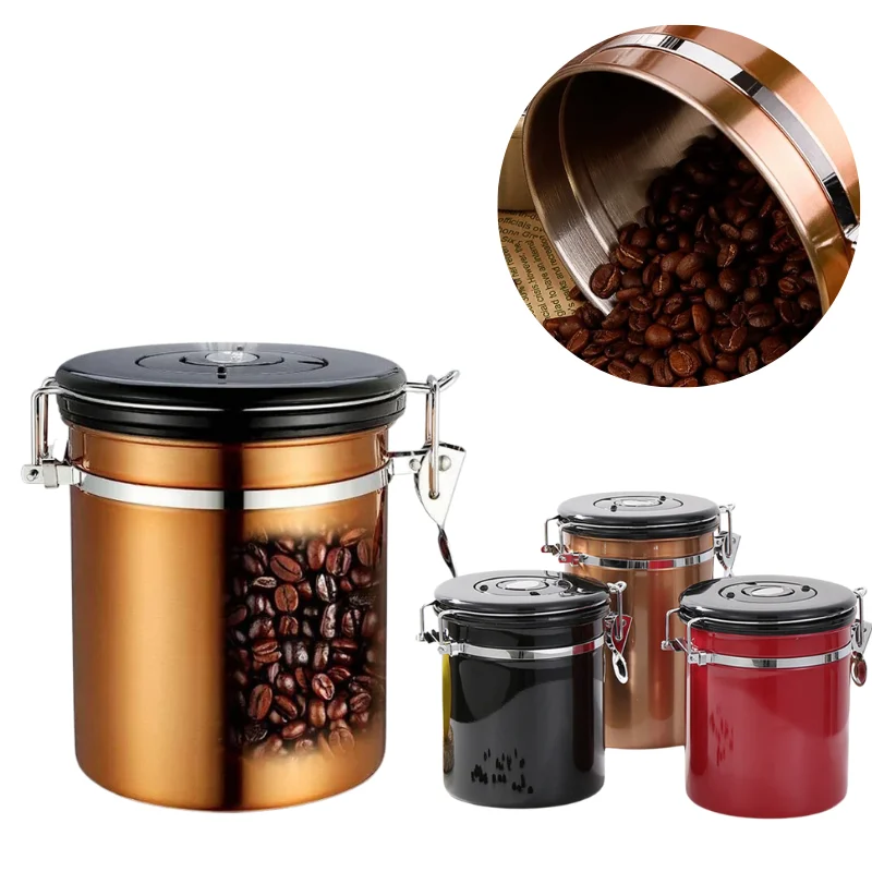 

1.5/1.8L Coffee Bean Tea Container Canister Airtight Stainless Steel Vent Valve Food Jar Storage Box Damp Proof Kitchen Supplies