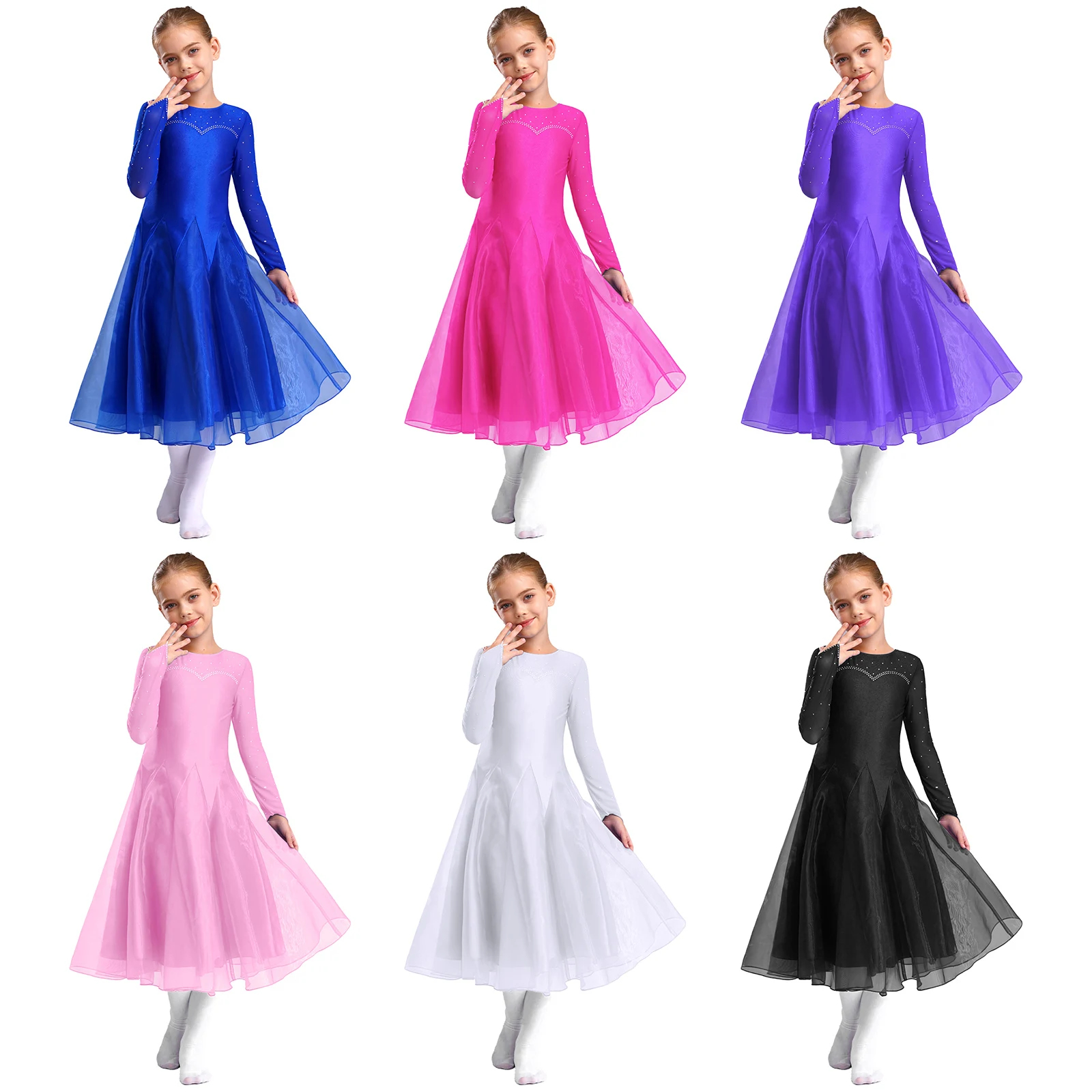 Girls Rhinestones Ballroom Dancing Costume Ballet Dress Professional Modern Waltz Tango Practice Competition Performance Dress