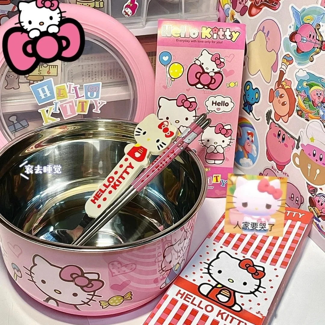 Sanrio Hello Kitty น่ารักชามราเมนสแตนเลสพร้อมฝาปิดขนาดใหญ่บะหมี่กึ่งสําเร็จรูปผลไม้สลัดข้าวซุปชามบนโต๊ะอาหาร