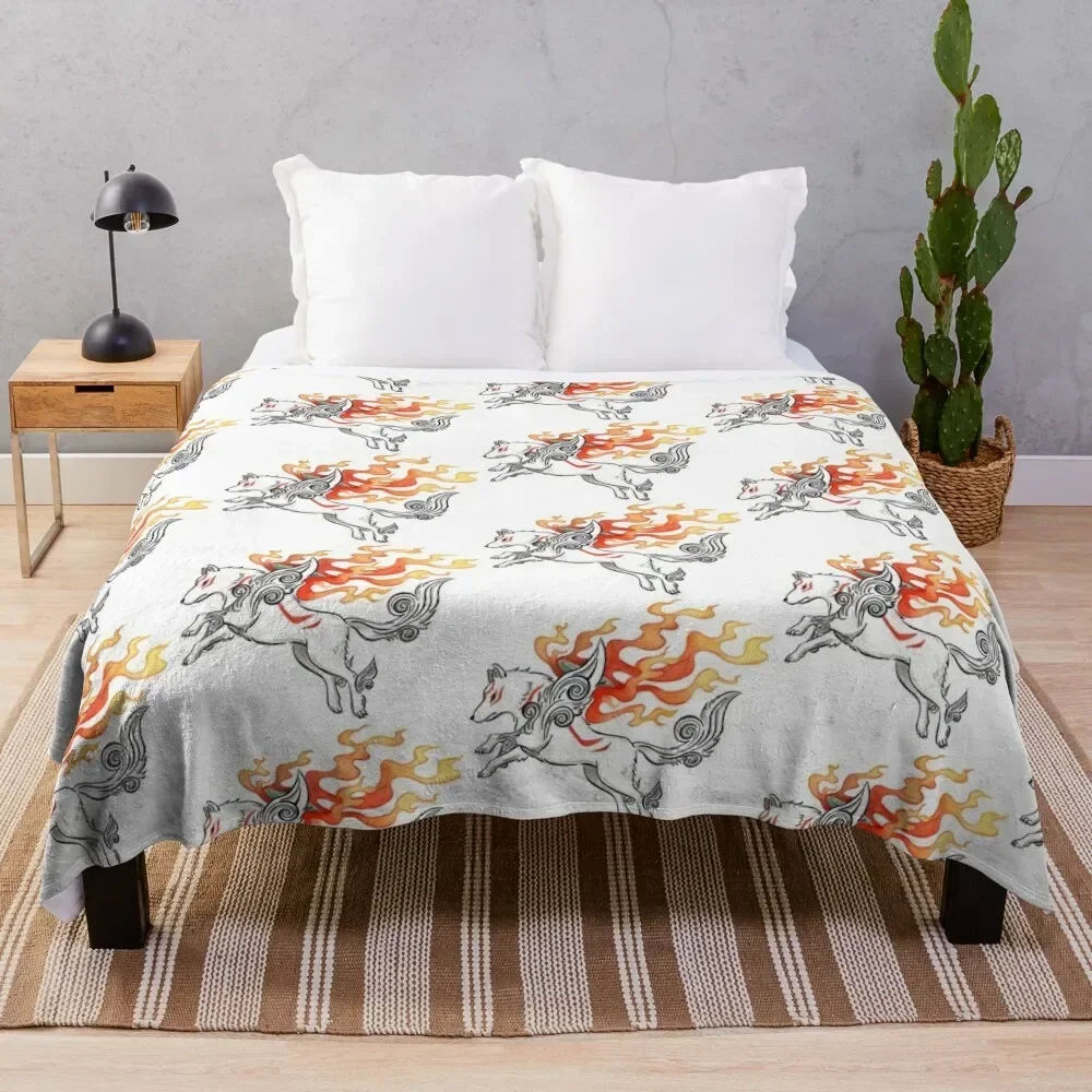 Okami Amaterasu white wolf in watercolour Throw Blanket Fluffy Cozy Throw Blanket for Home Decor