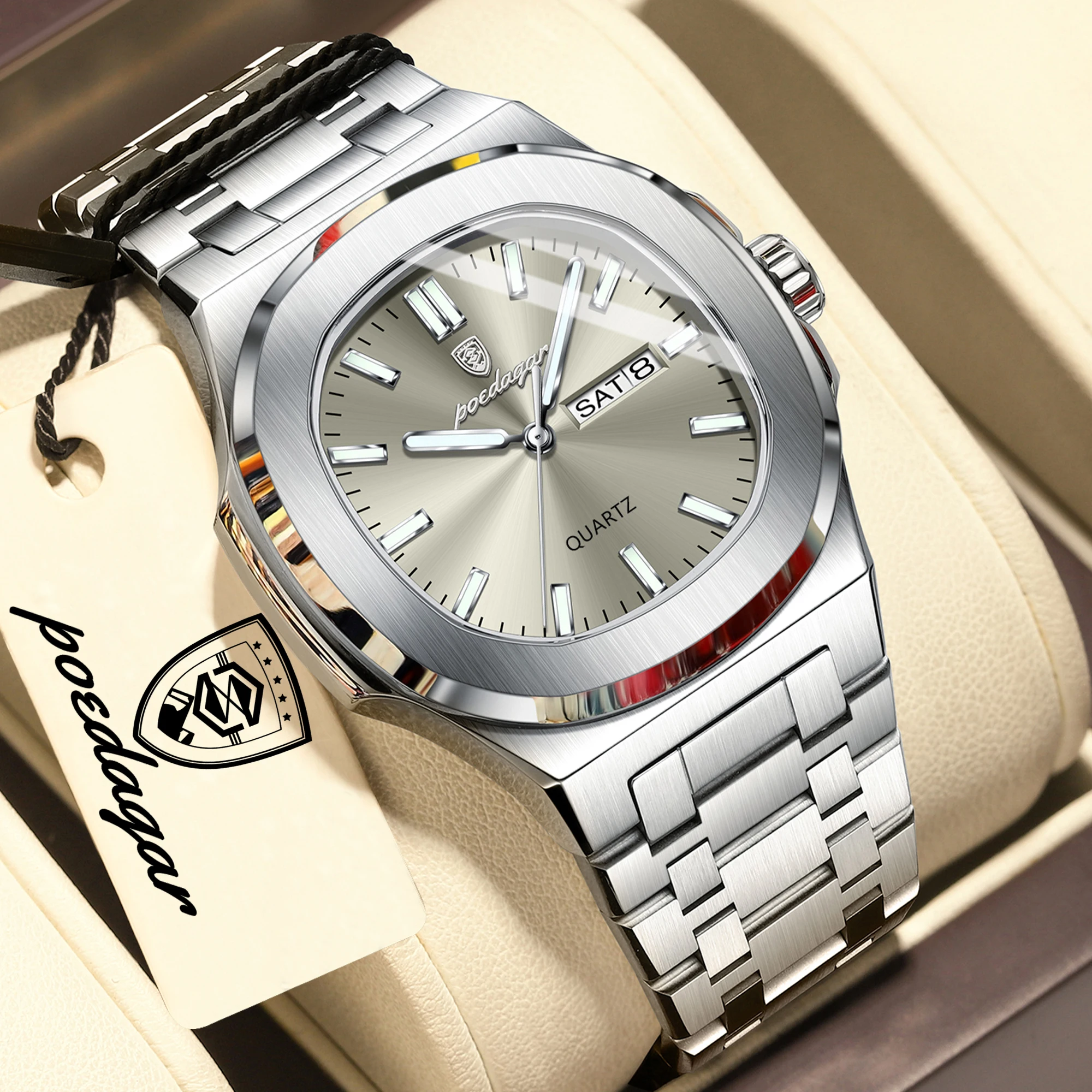 POEDAGAR Top Business Men Wristwatch Luminous Waterproof Stainless Steel Square Male Clock Week Date Quartz Casual Men's Watches