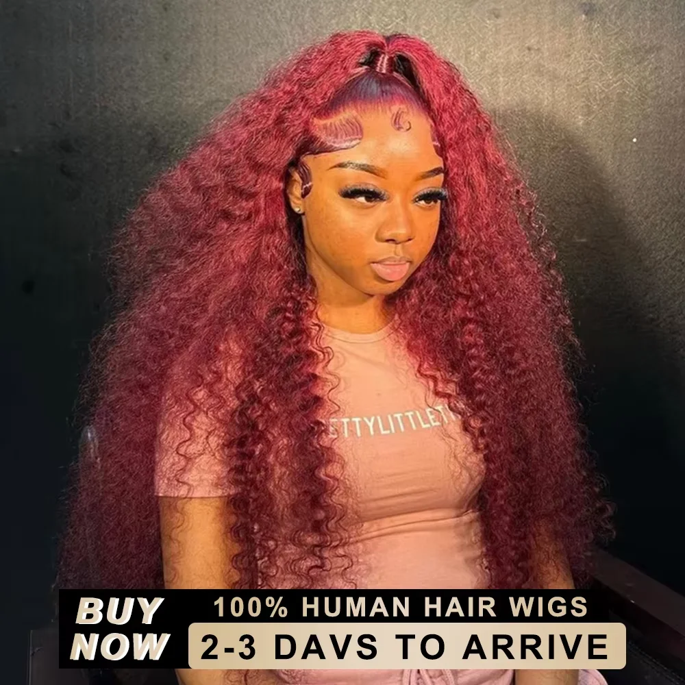 250 Density 30 Inch 13x4 99J Burgundy Deep Wave Lace Frontal Wig Curly Lace Front HD Lace Frontal Human Hair Wigs For Womem