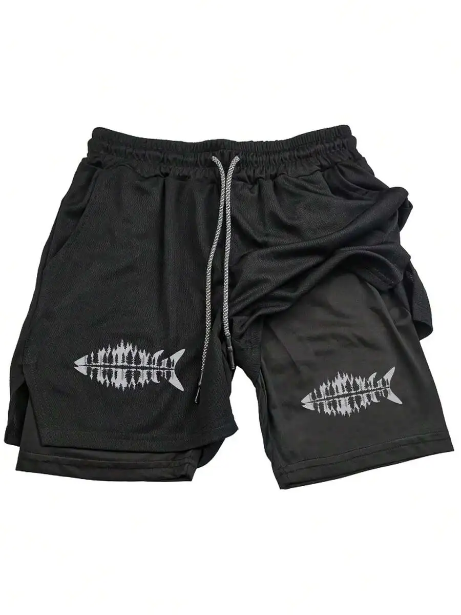 

Mens Black Fish Bone Print Double Layer Shorts Lightweight Breathable For Running Fitness Outdoor Casual