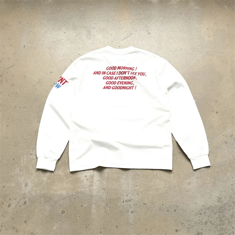 Koszulka z długim rękawem z białego betonu z wzorem High Street, męska i damska, oversize, bawełna premium.