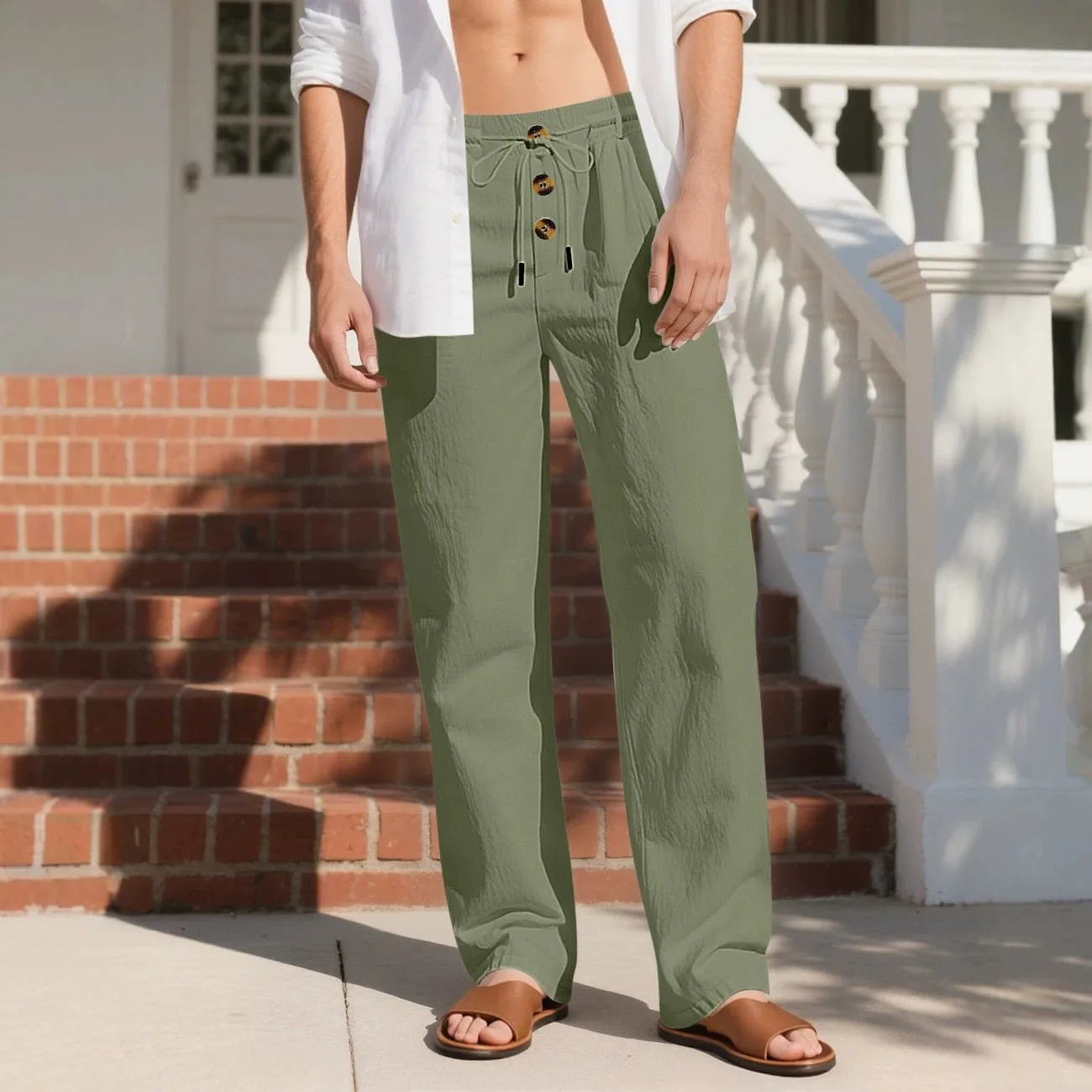 Men Summer Pants Baggy Straight Leg Beige Trousers Loose Fit Cotton Blend Casual Pants Wide Leg Olive Green Linen Pants Khaki