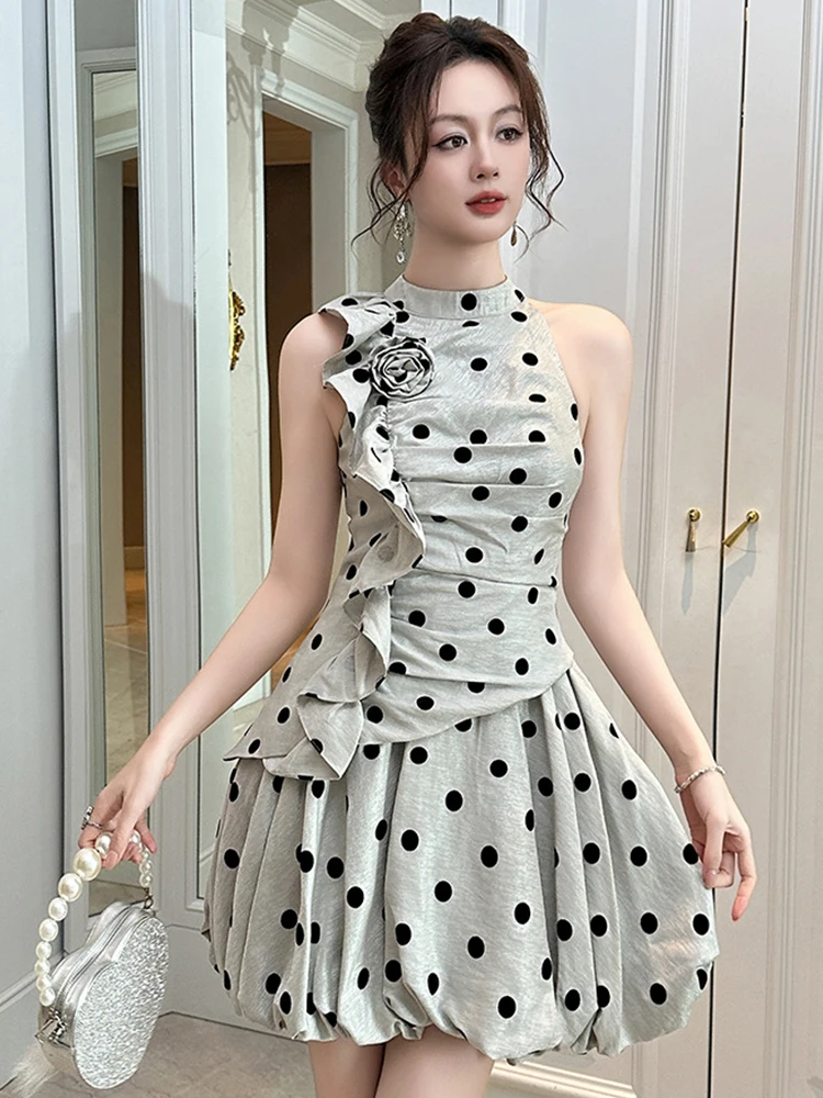 Elegante kawaii data vestido roupas femininas bonito chique doce dot babados flor halter dobras vestido plissado senhora festa clube vestidos