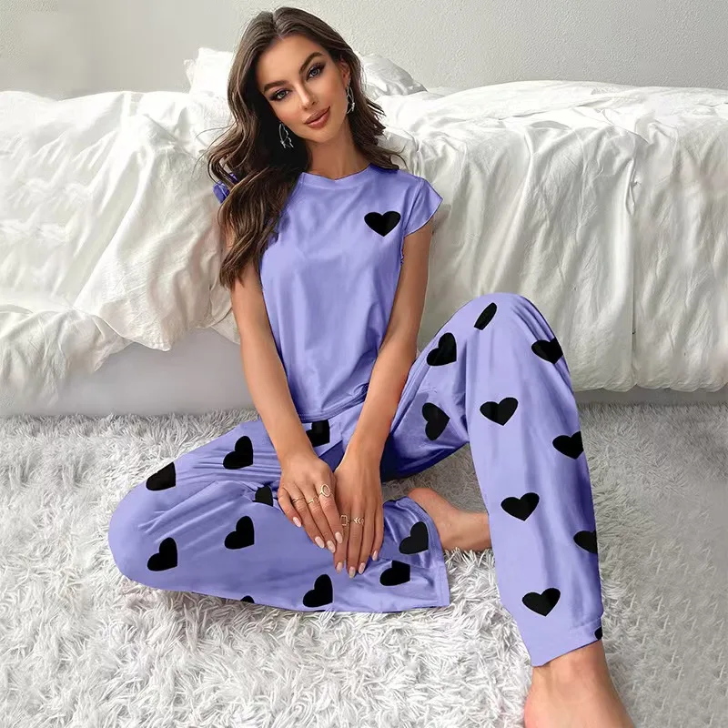 European and American Milk Silk New Xiaofei Sleeves Women's Loungewear Printing Solid Color Thin Pajama Set Can Be Worn Outside