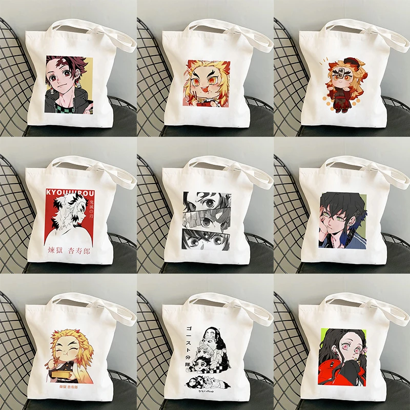 Demon Slayer Print Women Shoulder Bag Japanese Anime Character Shopping Bags Lady Cartoon Canvas Handbag High Capacity Tote Bag