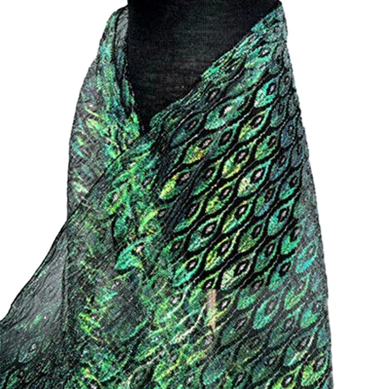 

Shiny Peacock Lace Fabric with Laser Mesh and Feather Pattern Perfect for Diy Dresses Costumes and Elegant Sewing Projects