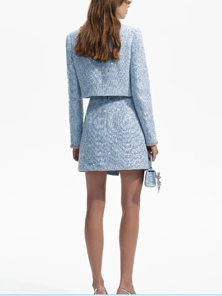 y2k spring/summer round neck slant placket sequin drill button jackets for women2023 high waist tweed midi dresses short sets