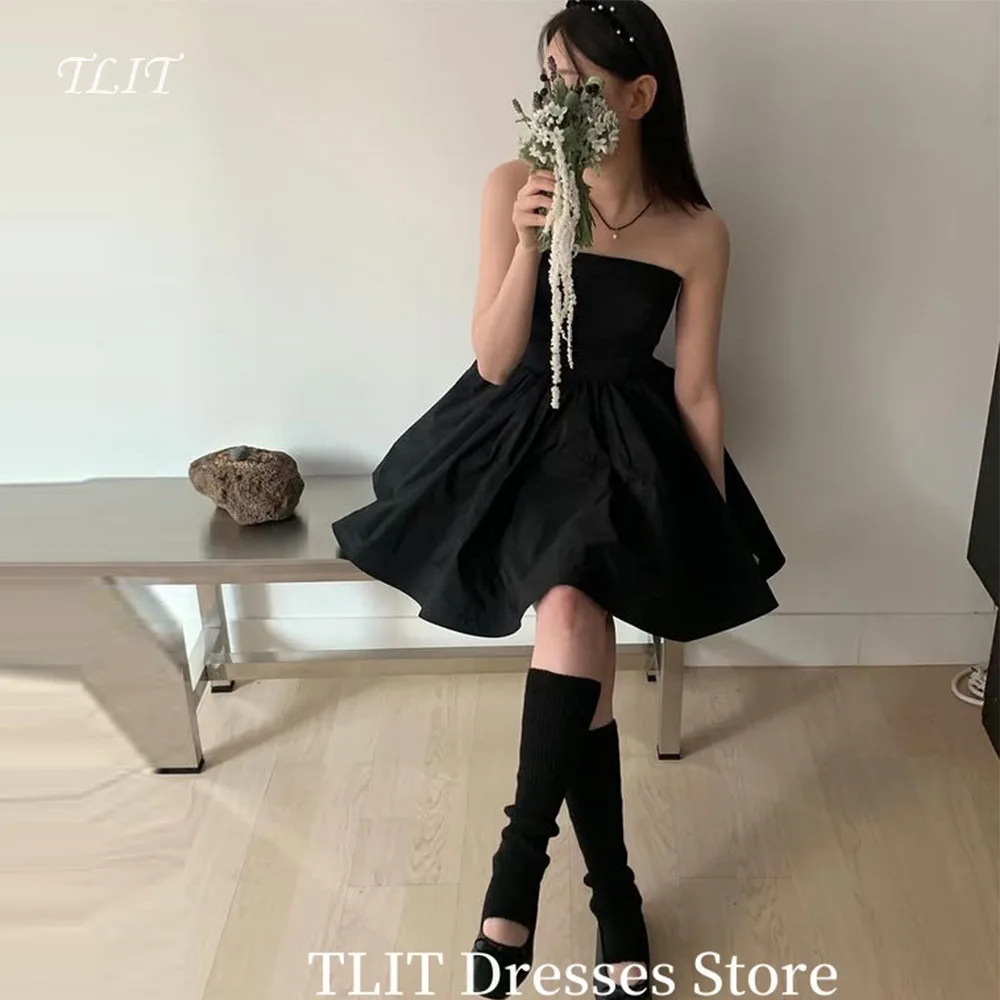

TLIT Simple Black Satin A-Line Evening Gown Dresses Wedding Dress Photo Shoot Strapless Mini-Length Customized Formal Party