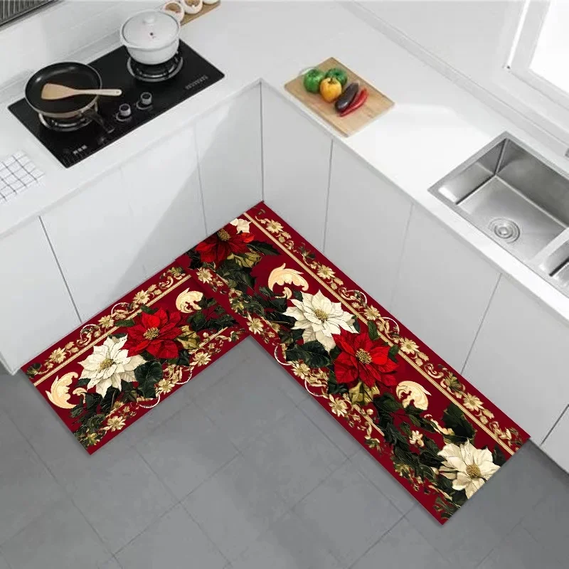 VIKAMA Christmas Poinsettia Kitchen Rug Set Red Floral Print Soft Non Slip Washable Floor Mats for Kitchen Entrance Decor