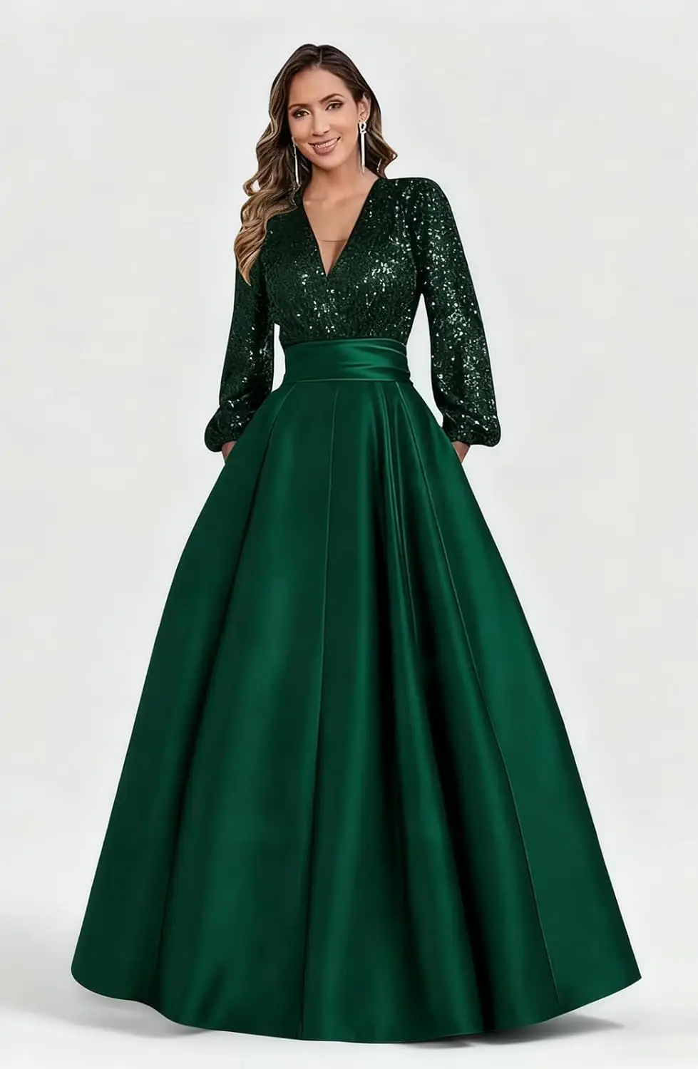

Elegant Satin Mother of Bride Dresses Long for Women Sequin Long Sleeve Evening Gown with Pockets Deep V Neck Formal Prom Dress