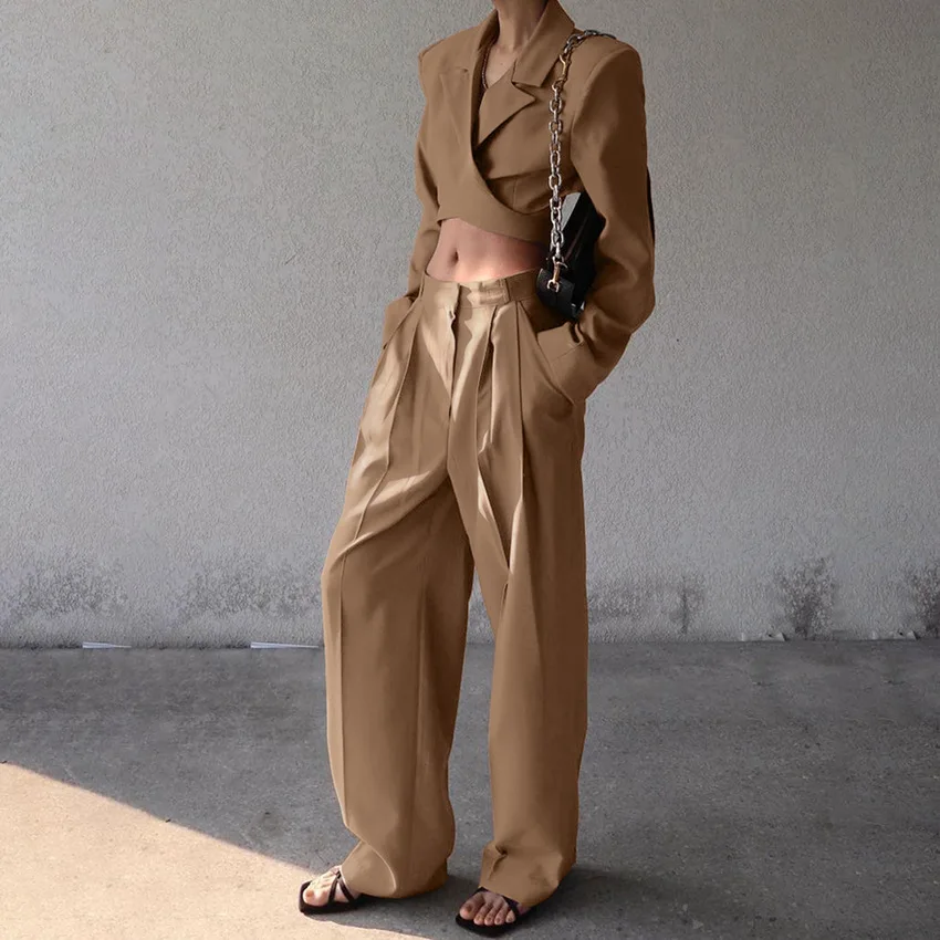 Long Sleeved Short Suit Jacket, High Waist Casual Wide Leg Pants Set, 2025 Design Sense, Temperament, Commuting
